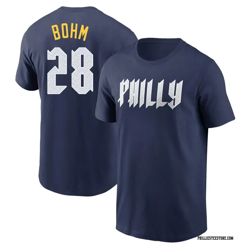 Men's Philadelphia Phillies ＃28 Alec Bohm Navy 2024 City Connect Fuse Name & Number T-Shirt