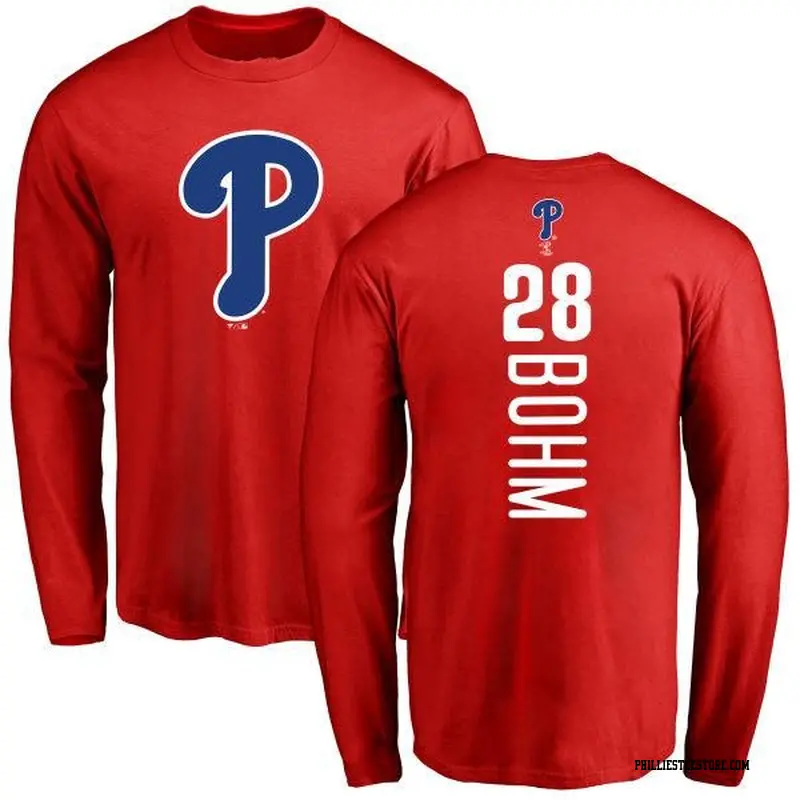 Men's Philadelphia Phillies ＃28 Alec Bohm Red Backer Long Sleeve T-Shirt