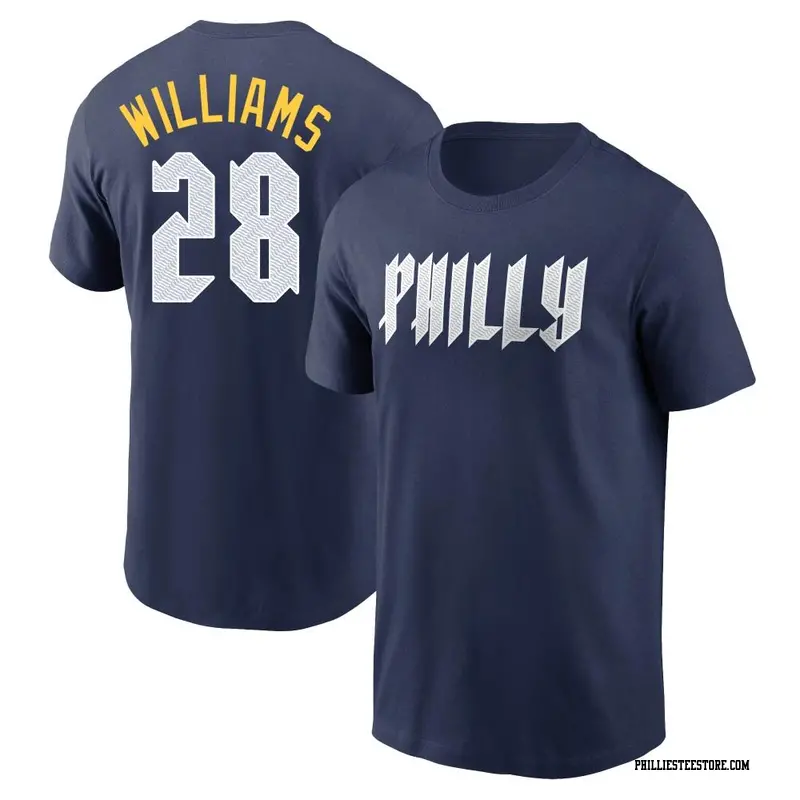 Men's Philadelphia Phillies ＃28 Mitch Williams Navy 2024 City Connect Fuse Name & Number T-Shirt