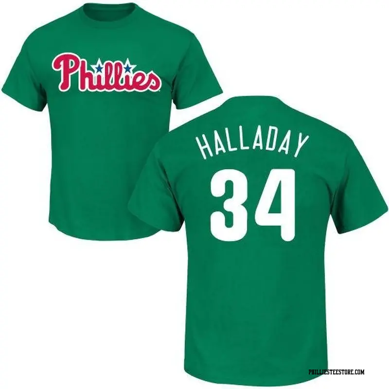 Men's Philadelphia Phillies ＃34 Roy Halladay Green St. Patrick's Day Roster Name & Number T-Shirt