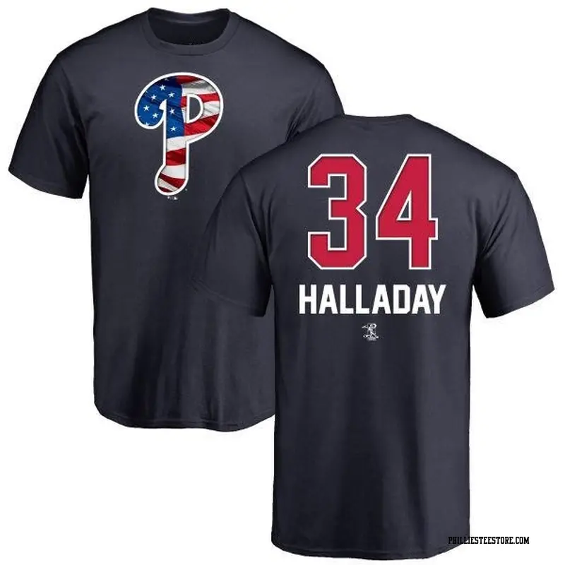 Men's Philadelphia Phillies ＃34 Roy Halladay Navy Branded Name and Number Banner Wave T-Shirt