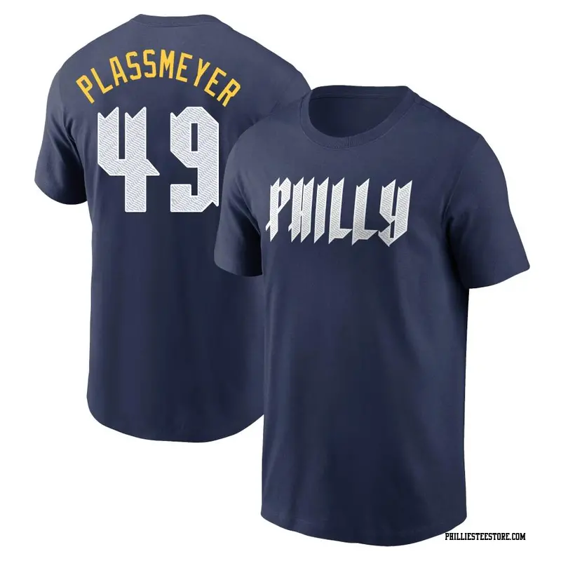 Men's Philadelphia Phillies ＃49 Michael Plassmeyer Navy 2024 City Connect Fuse Name & Number T-Shirt