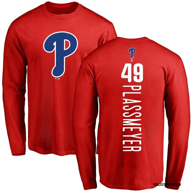 Men's Philadelphia Phillies ＃49 Michael Plassmeyer Red Backer Long Sleeve T-Shirt