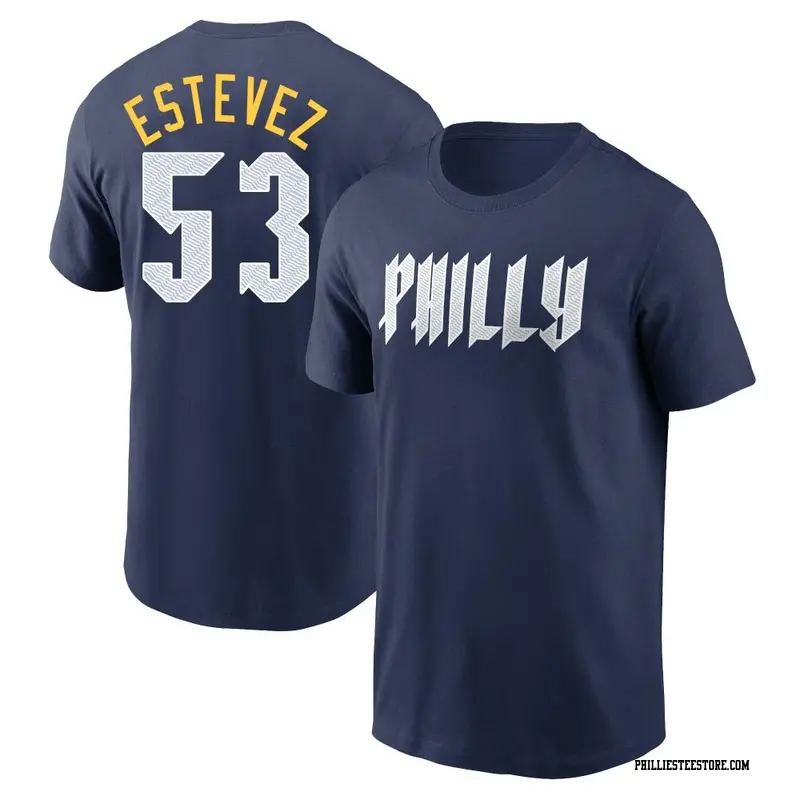 Men's Philadelphia Phillies ＃53 Carlos Estevez Navy 2024 City Connect Fuse Name & Number T-Shirt