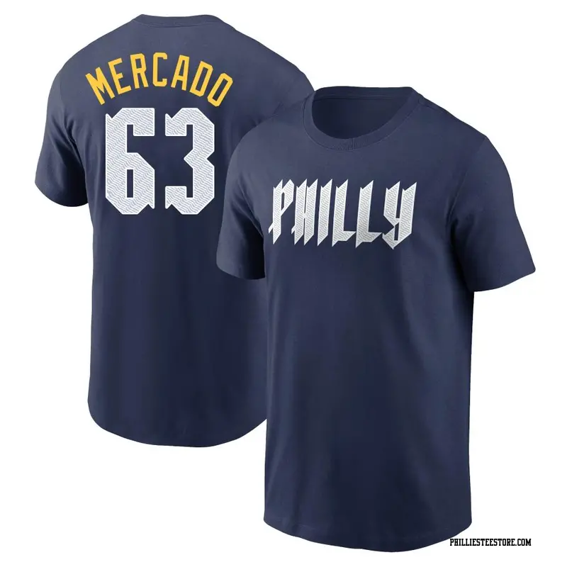 Men's Philadelphia Phillies ＃63 Michael Mercado Navy 2024 City Connect Fuse Name & Number T-Shirt