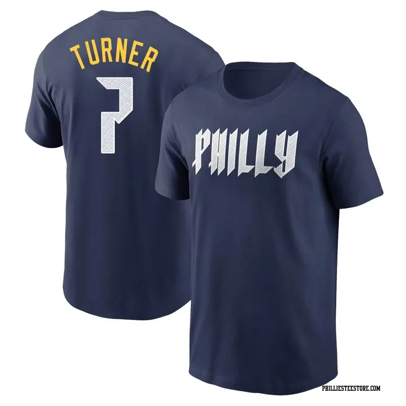 Men's Philadelphia Phillies ＃7 Trea Turner Navy 2024 City Connect Fuse Name & Number T-Shirt