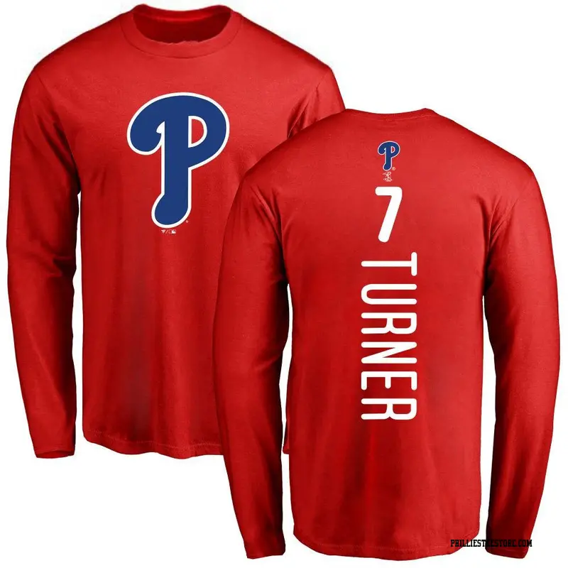 Men's Philadelphia Phillies ＃7 Trea Turner Red Backer Long Sleeve T-Shirt