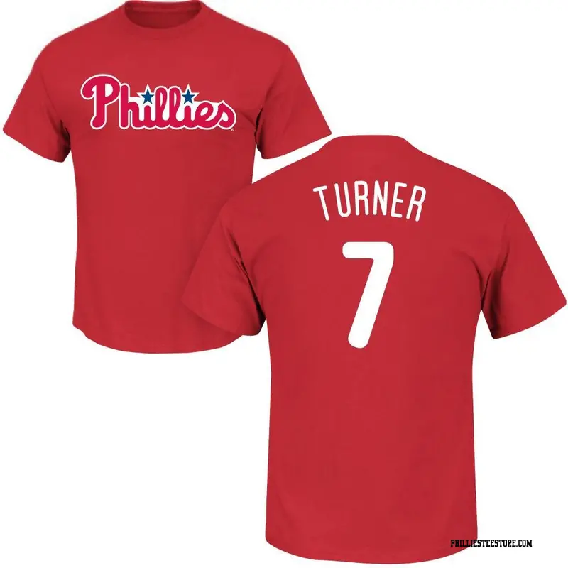 Men's Philadelphia Phillies ＃7 Trea Turner Red Roster Name & Number T-Shirt