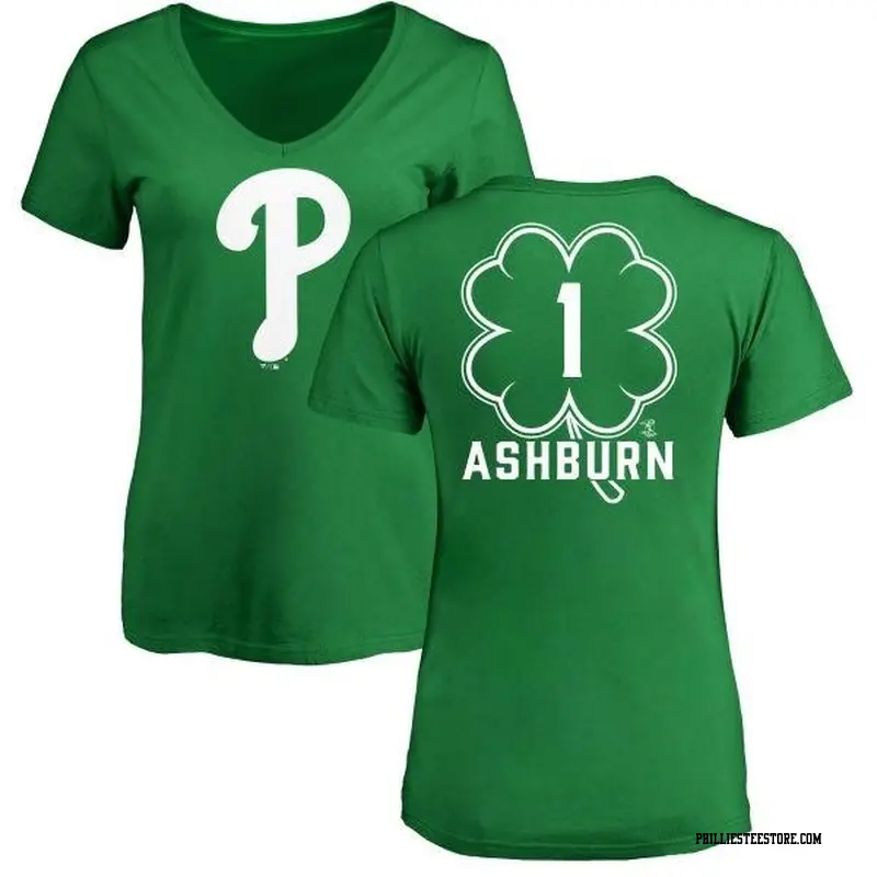 Women's Philadelphia Phillies ＃1 Richie Ashburn Green Branded Dubliner Name & Number V-Neck T-Shirt Kelly