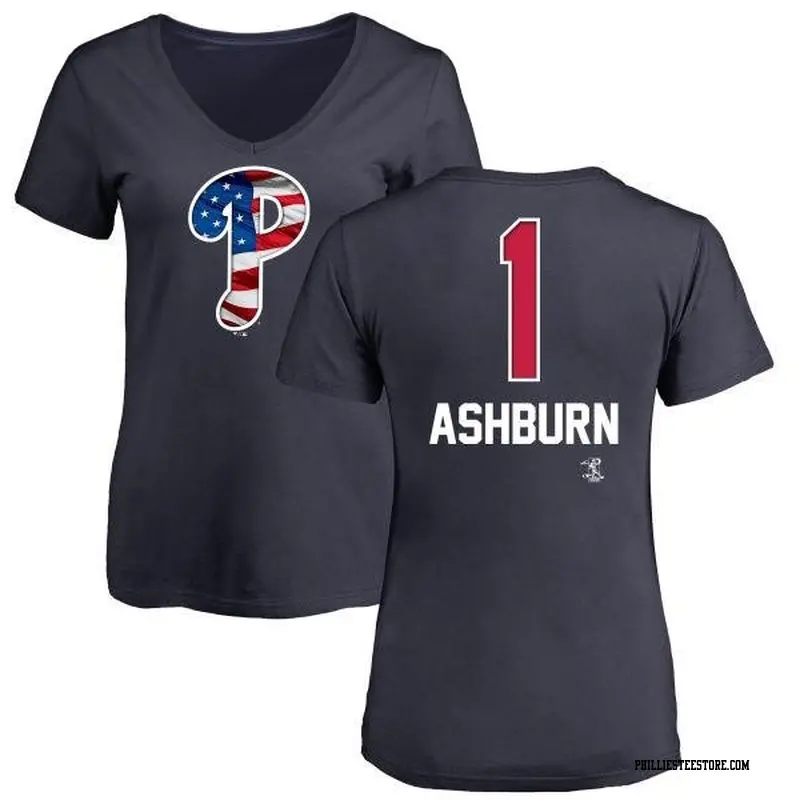 Women's Philadelphia Phillies ＃1 Richie Ashburn Navy Branded Name and Number Banner Wave V-Neck T-Shirt