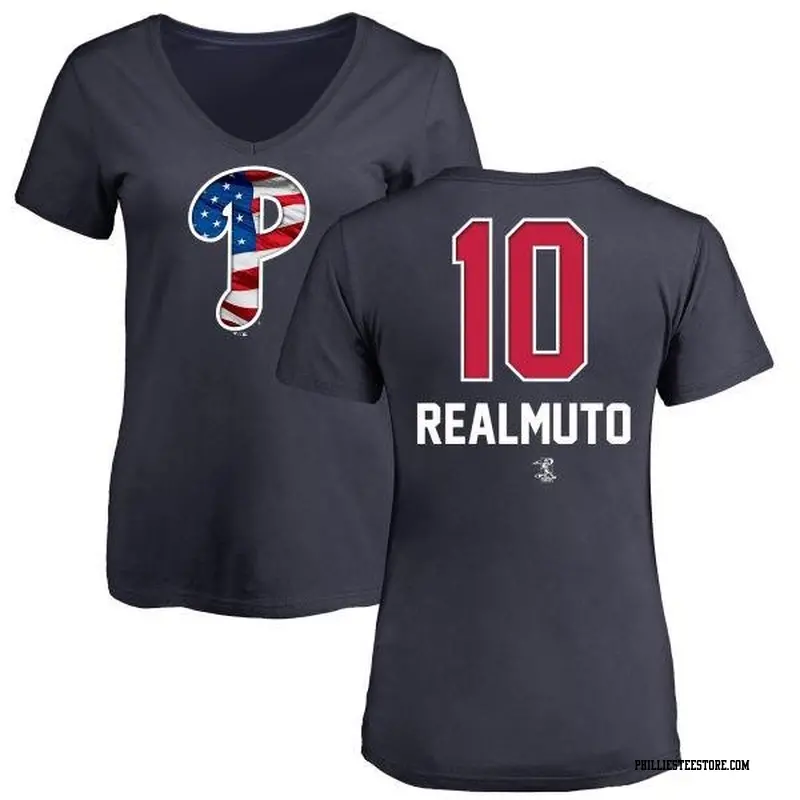 Women's Philadelphia Phillies ＃10 J.T. Realmuto Navy Branded Name and Number Banner Wave V-Neck T-Shirt