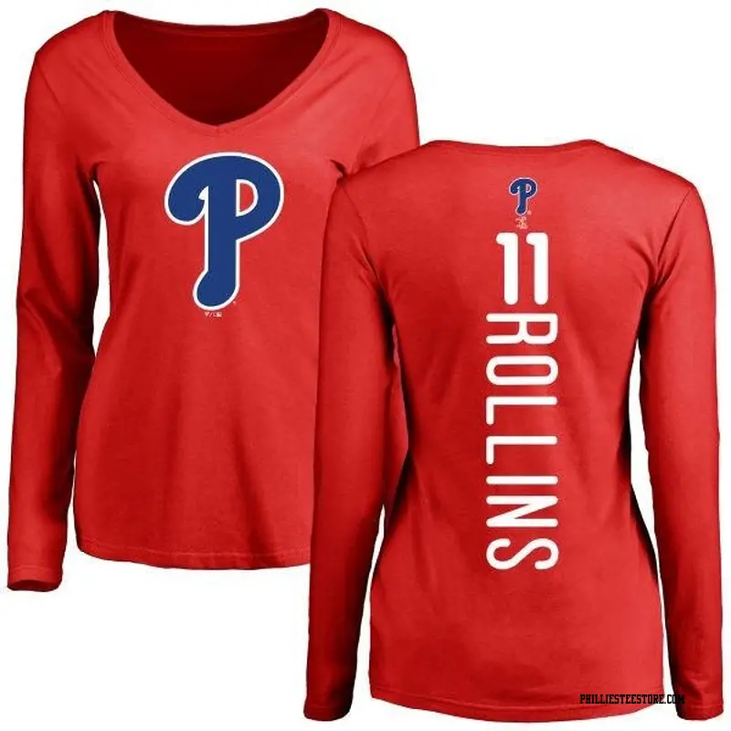 Women's Philadelphia Phillies ＃11 Jimmy Rollins Red Backer Slim Fit Long Sleeve T-Shirt