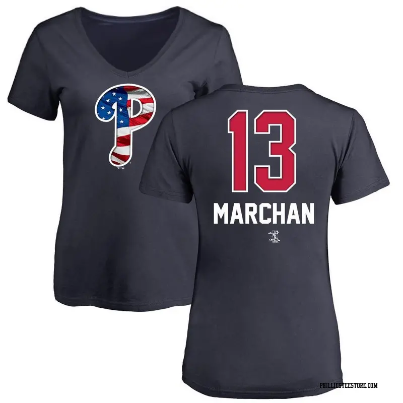 Women's Philadelphia Phillies ＃13 Rafael Marchan Navy Branded Name and Number Banner Wave V-Neck T-Shirt