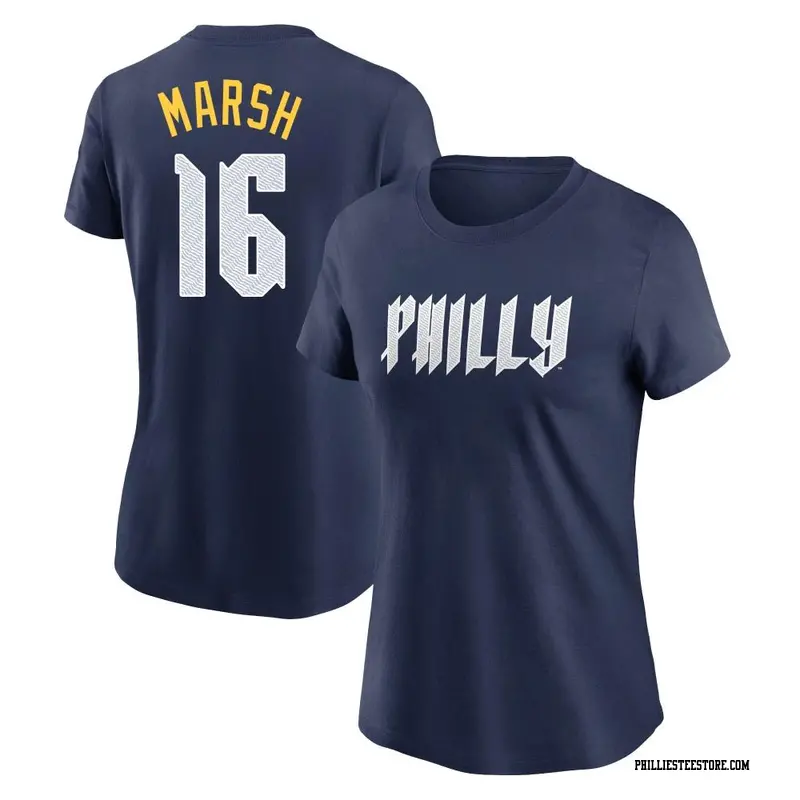 Women's Philadelphia Phillies ＃16 Brandon Marsh Navy 2024 City Connect Fuse Name & Number T-Shirt