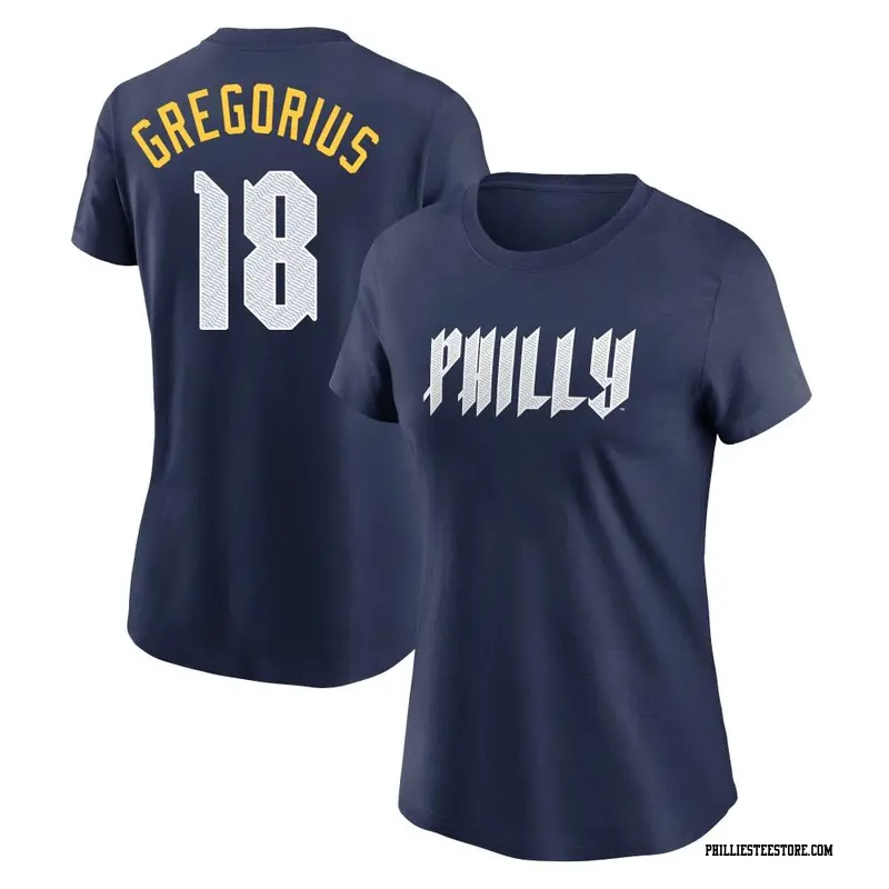 Women's Philadelphia Phillies ＃18 Didi Gregorius Navy 2024 City Connect Fuse Name & Number T-Shirt