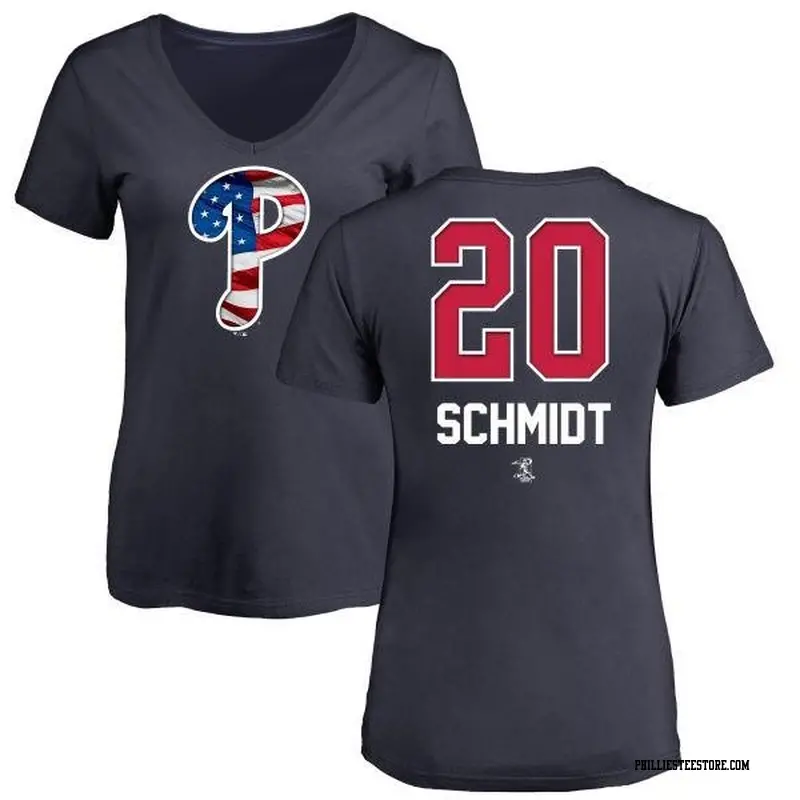 Women's Philadelphia Phillies ＃20 Mike Schmidt Navy Branded Name and Number Banner Wave V-Neck T-Shirt