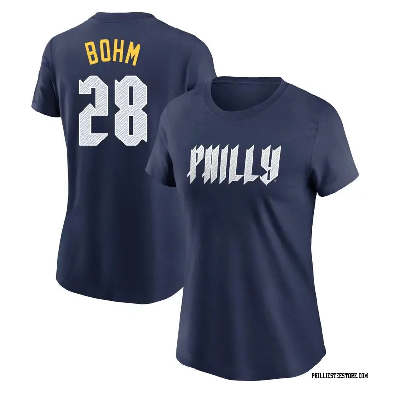 Women's Philadelphia Phillies ＃28 Alec Bohm Navy 2024 City Connect Fuse Name & Number T-Shirt