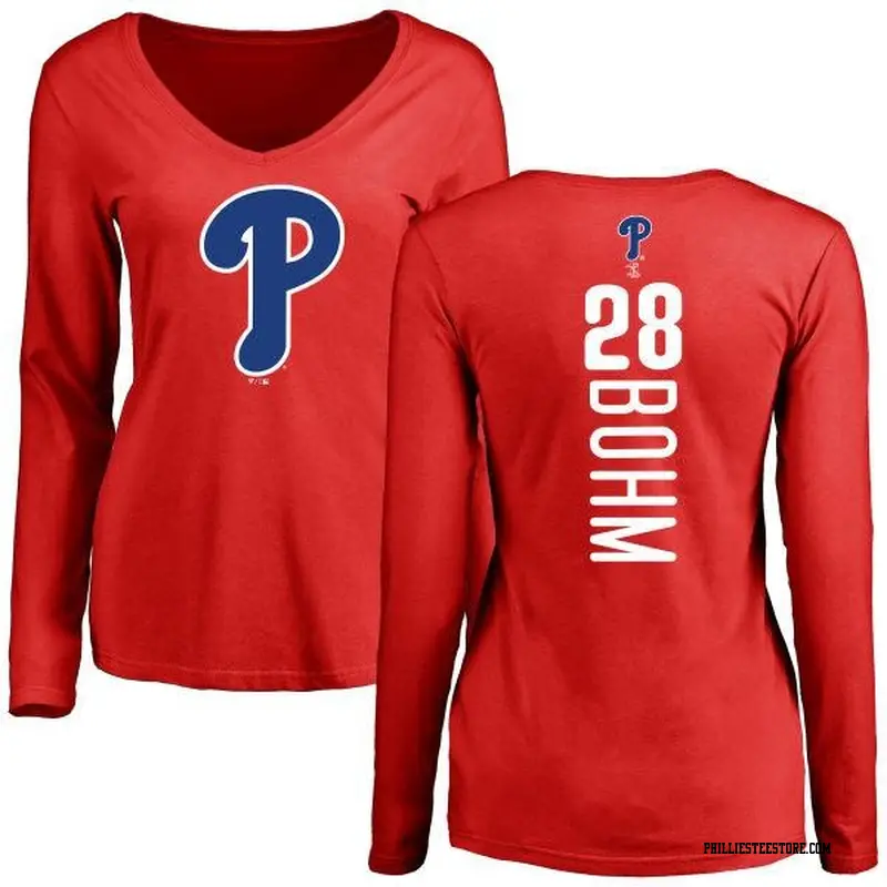 Women's Philadelphia Phillies ＃28 Alec Bohm Red Backer Slim Fit Long Sleeve T-Shirt