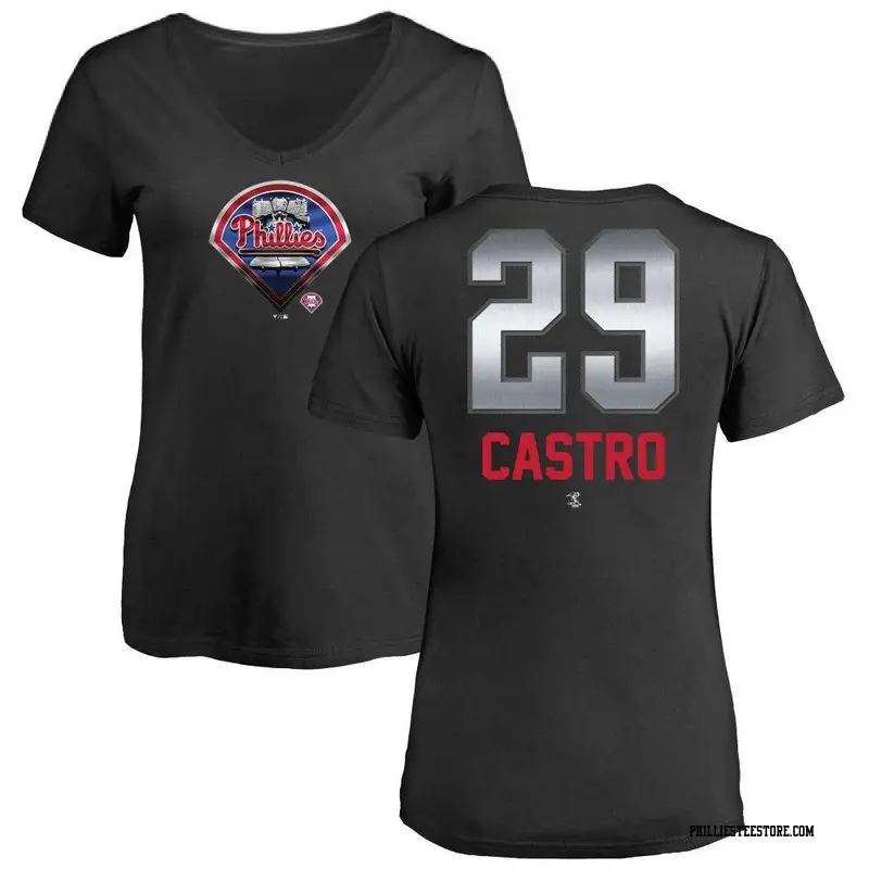 Women's Philadelphia Phillies ＃29 Rodolfo Castro Black Midnight Mascot V-Neck T-Shirt