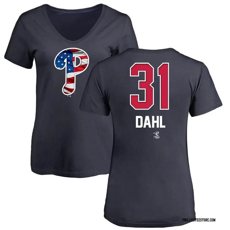 Women's Philadelphia Phillies ＃31 David Dahl Navy Name and Number Banner Wave V-Neck T-Shirt