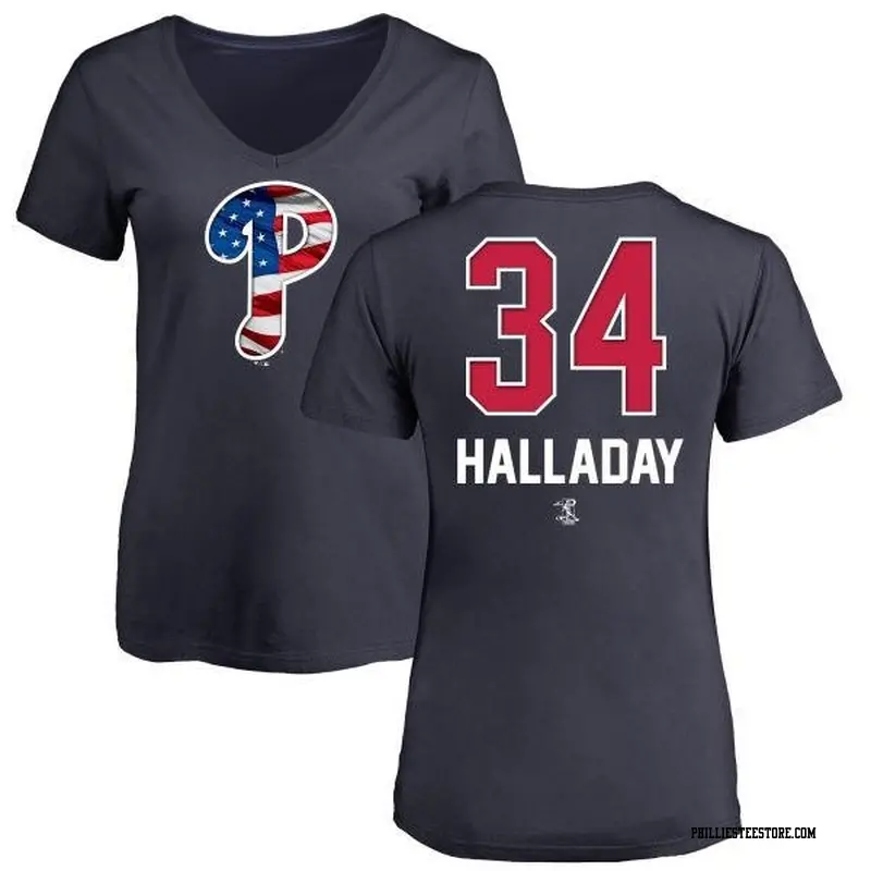 Women's Philadelphia Phillies ＃34 Roy Halladay Navy Branded Name and Number Banner Wave V-Neck T-Shirt