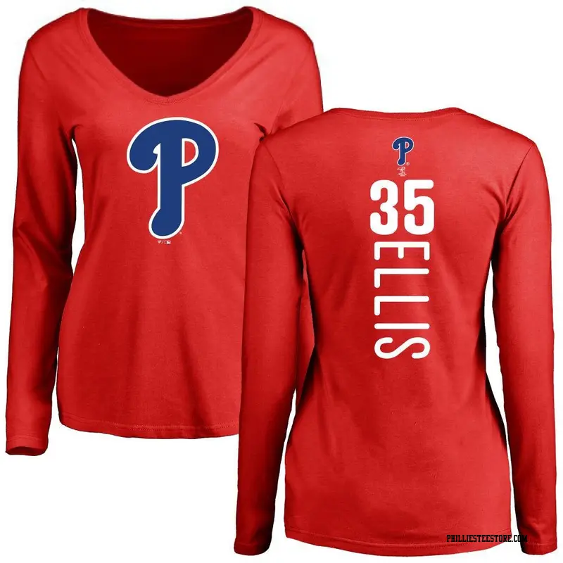 Women's Philadelphia Phillies ＃35 Drew Ellis Red Backer Slim Fit Long Sleeve T-Shirt