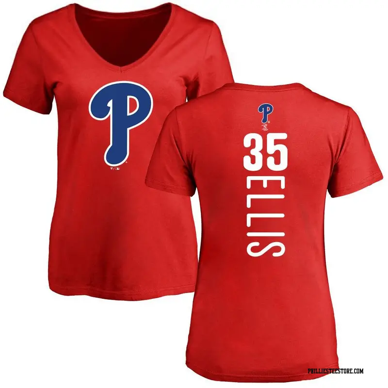 Women's Philadelphia Phillies ＃35 Drew Ellis Red Backer Slim Fit T-Shirt