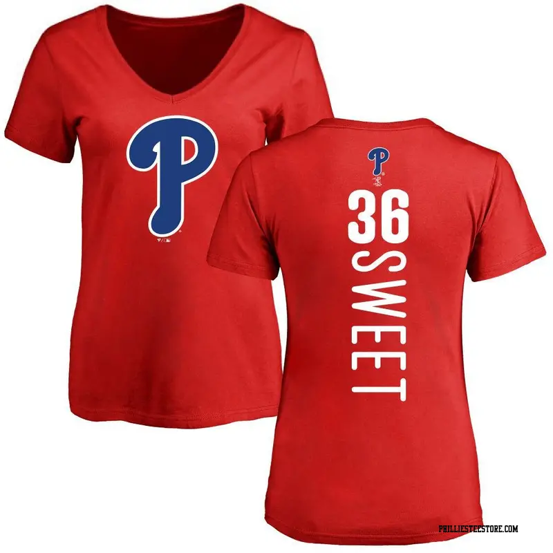 Women's Philadelphia Phillies ＃36 Devin Sweet Red Backer Slim Fit T-Shirt