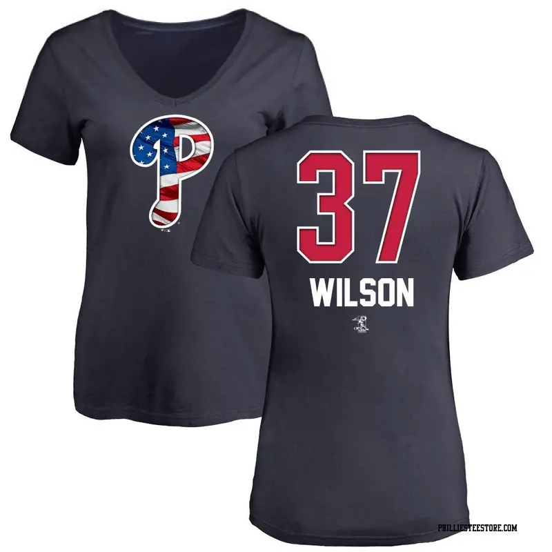 Women's Philadelphia Phillies ＃37 Weston Wilson Navy Name and Number Banner Wave V-Neck T-Shirt