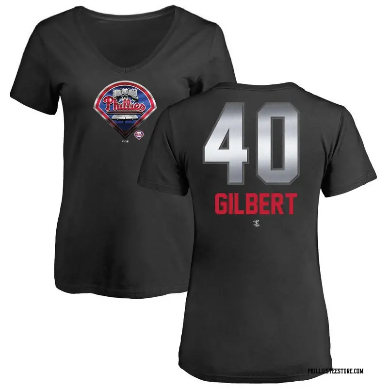 Women's Philadelphia Phillies ＃40 Tyler Gilbert Black Midnight Mascot V-Neck T-Shirt