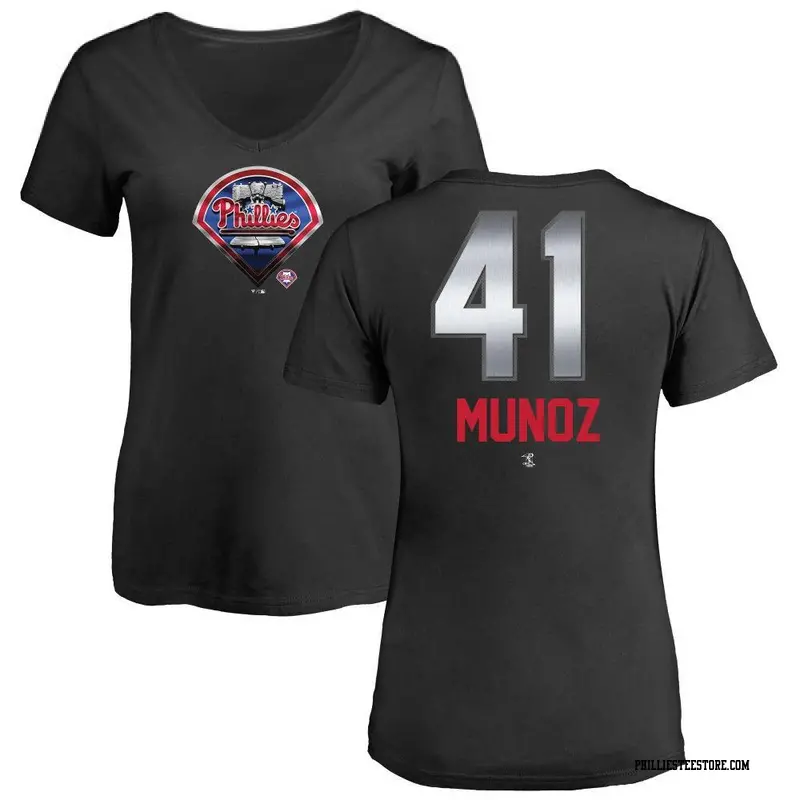 Women's Philadelphia Phillies ＃41 Yairo Munoz Black Midnight Mascot V-Neck T-Shirt