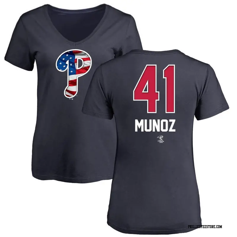 Women's Philadelphia Phillies ＃41 Yairo Munoz Navy Name and Number Banner Wave V-Neck T-Shirt