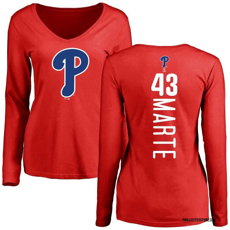 Women's Philadelphia Phillies ＃43 Yunior Marte Red Backer Slim Fit Long Sleeve T-Shirt