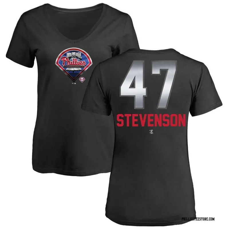 Women's Philadelphia Phillies ＃47 Cal Stevenson Black Midnight Mascot V-Neck T-Shirt