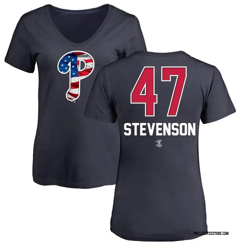 Women's Philadelphia Phillies ＃47 Cal Stevenson Navy Name and Number Banner Wave V-Neck T-Shirt