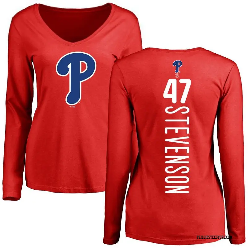 Women's Philadelphia Phillies ＃47 Cal Stevenson Red Backer Slim Fit Long Sleeve T-Shirt