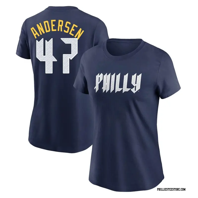 Women's Philadelphia Phillies ＃47 Larry Andersen Navy 2024 City Connect Fuse Name & Number T-Shirt