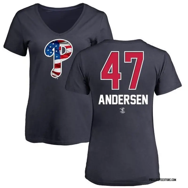 Women's Philadelphia Phillies ＃47 Larry Andersen Navy Branded Name and Number Banner Wave V-Neck T-Shirt