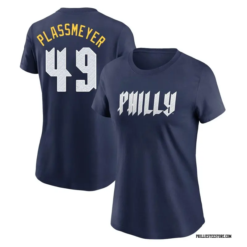 Women's Philadelphia Phillies ＃49 Michael Plassmeyer Navy 2024 City Connect Fuse Name & Number T-Shirt