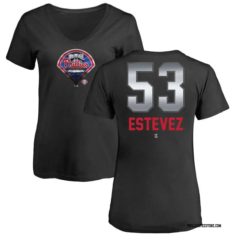 Women's Philadelphia Phillies ＃53 Carlos Estevez Black Midnight Mascot V-Neck T-Shirt