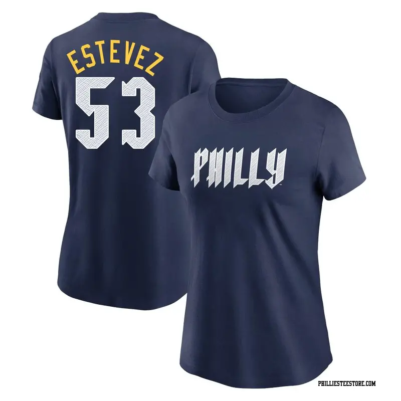 Women's Philadelphia Phillies ＃53 Carlos Estevez Navy 2024 City Connect Fuse Name & Number T-Shirt