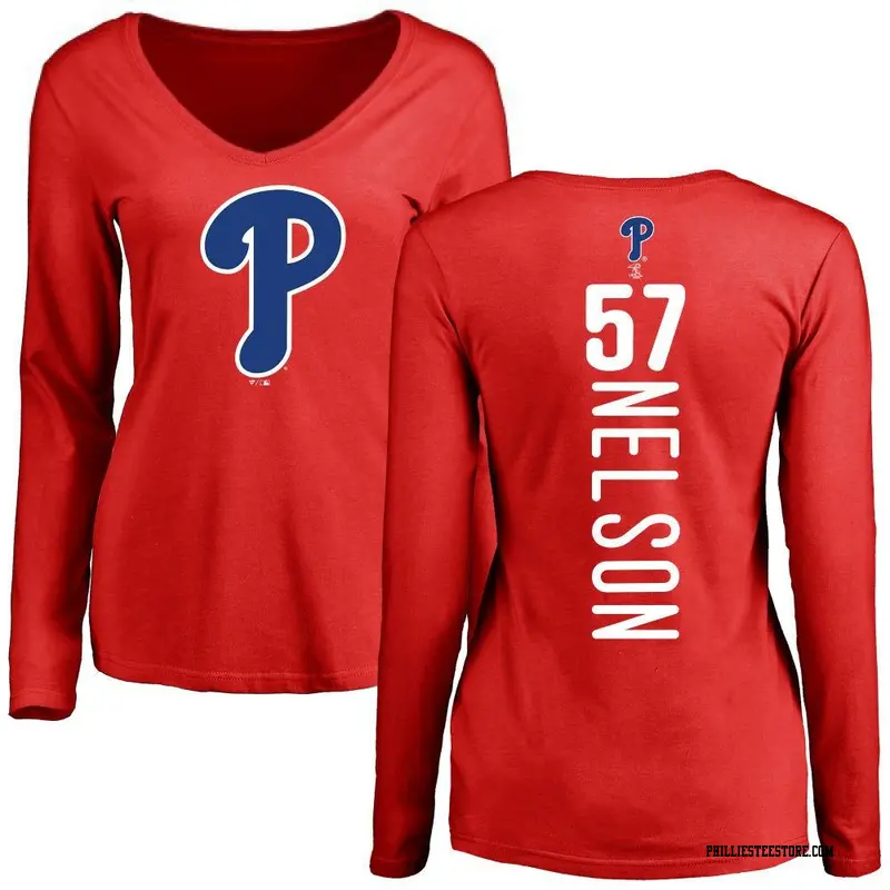 Women's Philadelphia Phillies ＃57 Nick Nelson Red Backer Slim Fit Long Sleeve T-Shirt