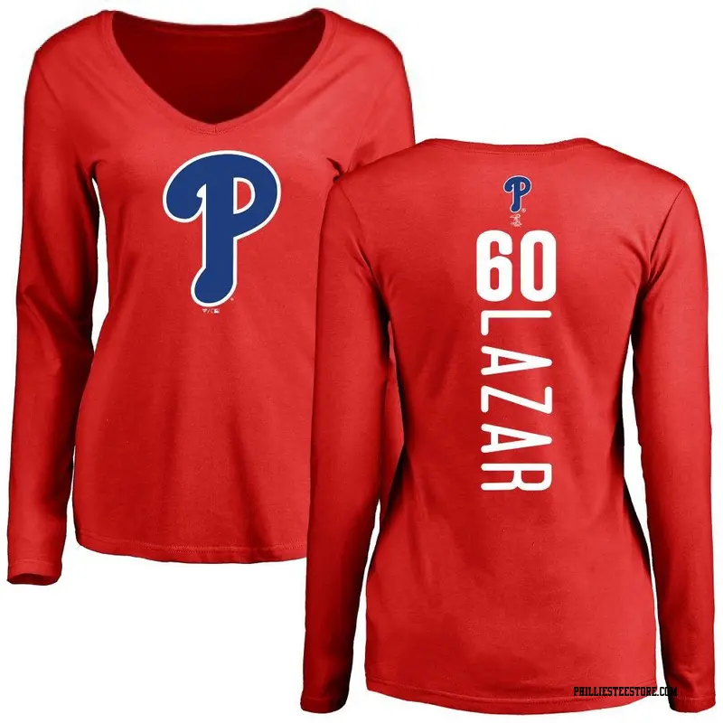 Women's Philadelphia Phillies ＃60 Max Lazar Red Backer Slim Fit Long Sleeve T-Shirt