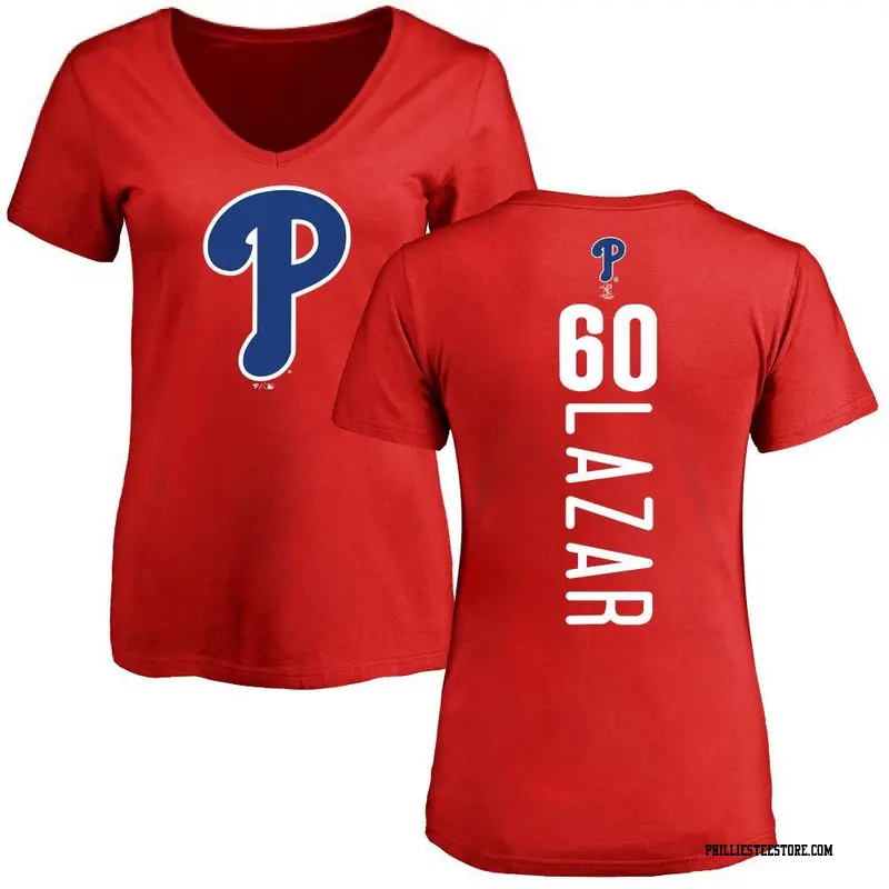 Women's Philadelphia Phillies ＃60 Max Lazar Red Backer Slim Fit T-Shirt