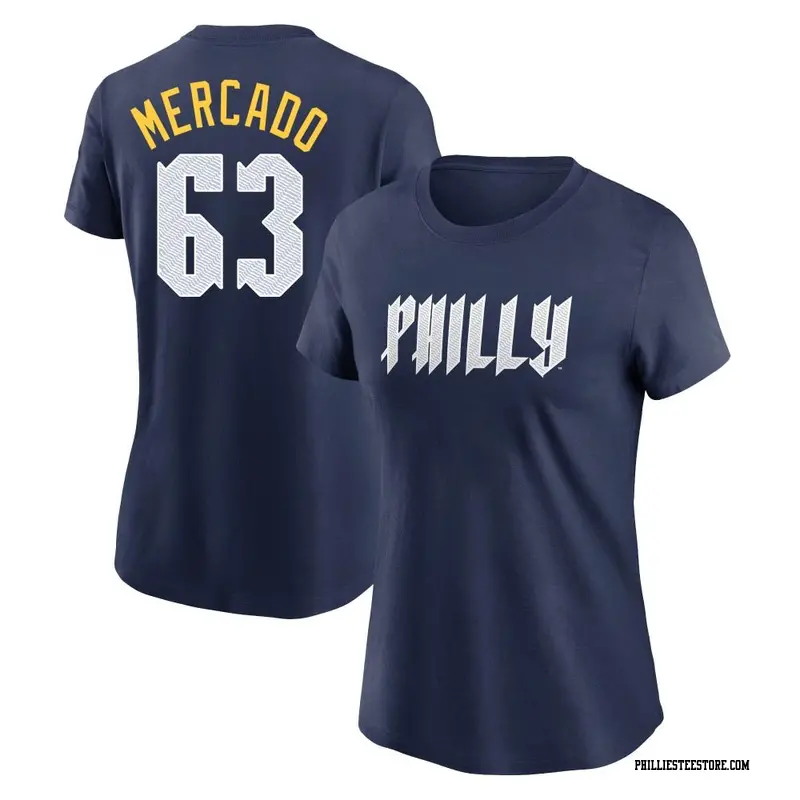 Women's Philadelphia Phillies ＃63 Michael Mercado Navy 2024 City Connect Fuse Name & Number T-Shirt