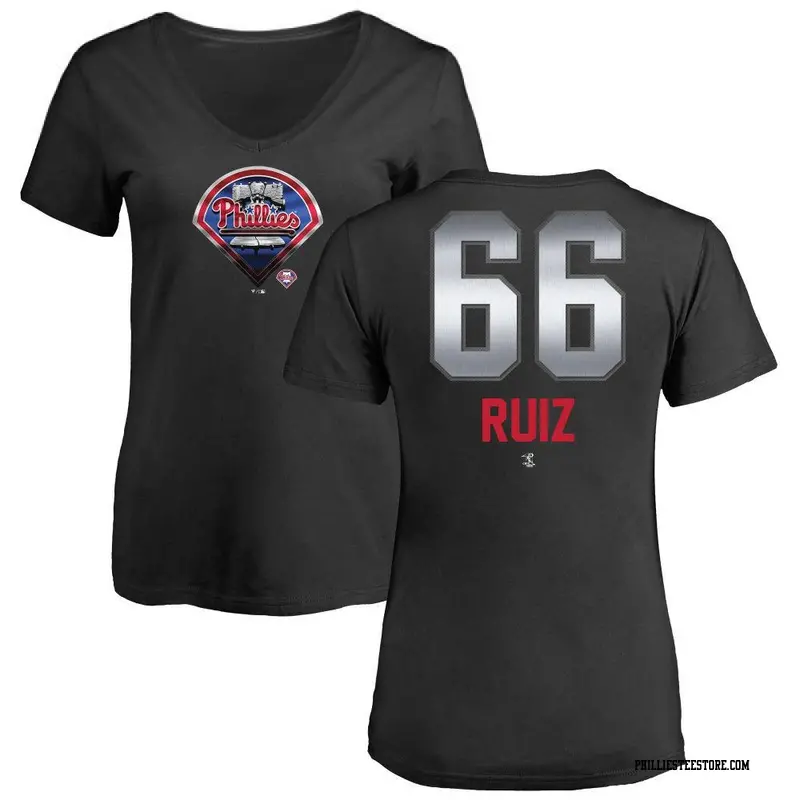 Women's Philadelphia Phillies ＃66 Jose Ruiz Black Midnight Mascot V-Neck T-Shirt