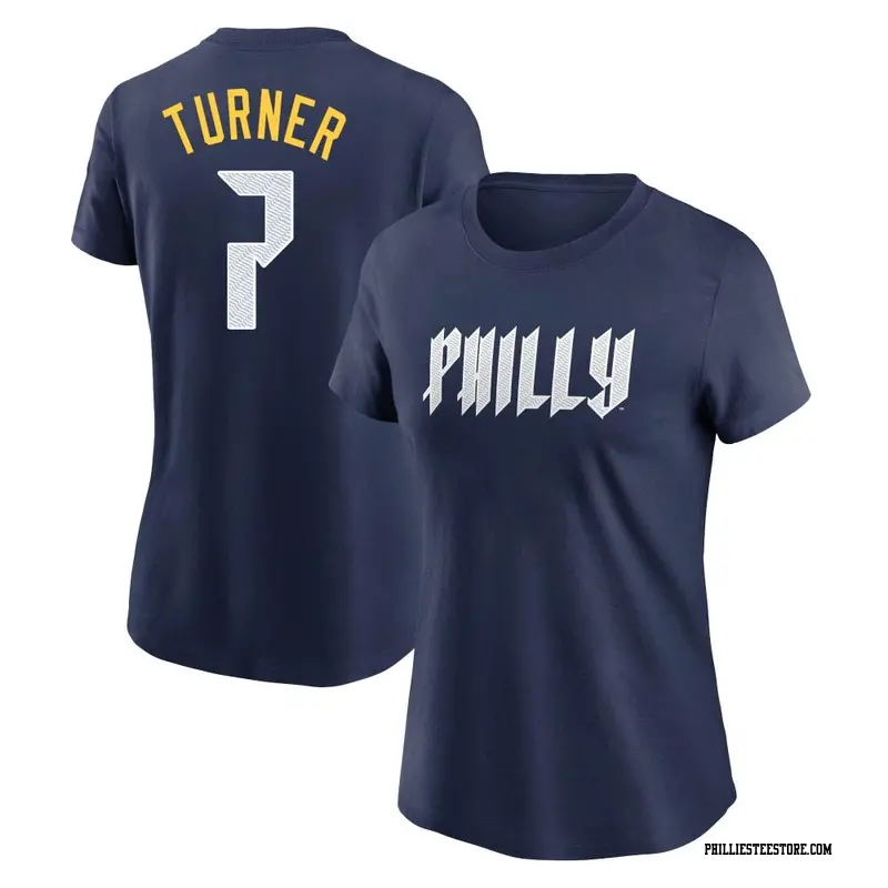 Women's Philadelphia Phillies ＃7 Trea Turner Navy 2024 City Connect Fuse Name & Number T-Shirt