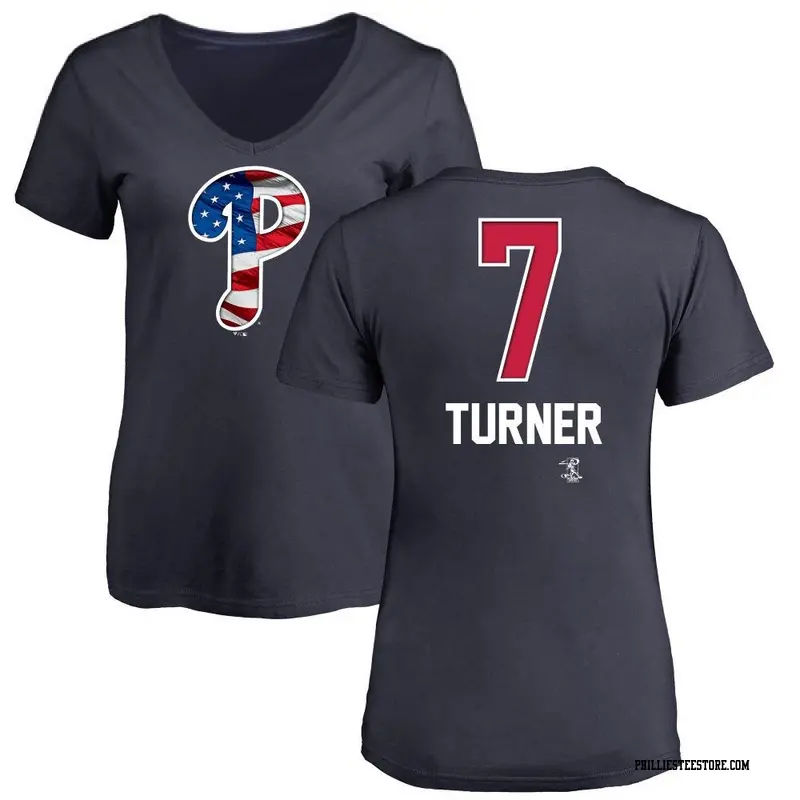 Women's Philadelphia Phillies ＃7 Trea Turner Navy Branded Name and Number Banner Wave V-Neck T-Shirt