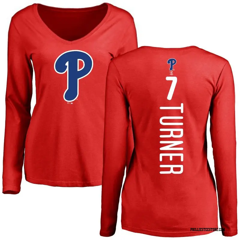 Women's Philadelphia Phillies ＃7 Trea Turner Red Backer Slim Fit Long Sleeve T-Shirt