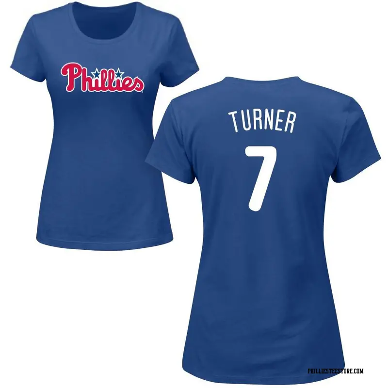 Women's Philadelphia Phillies ＃7 Trea Turner Royal Roster Name & Number T-Shirt